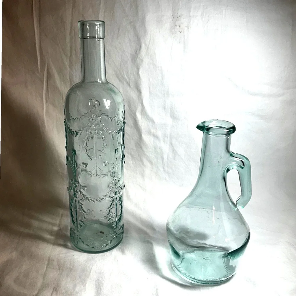 Recycled Glass Bottle Set AquaGreen Excellent Embossed Farmhouse Rustic Cottage